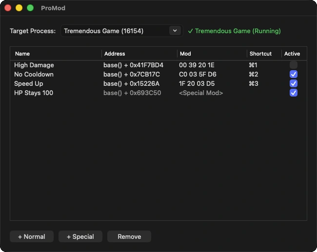 ProMod app window showing a list of memory mods with names, addresses, hex byte values, shortcuts and active toggles for a running game process.
